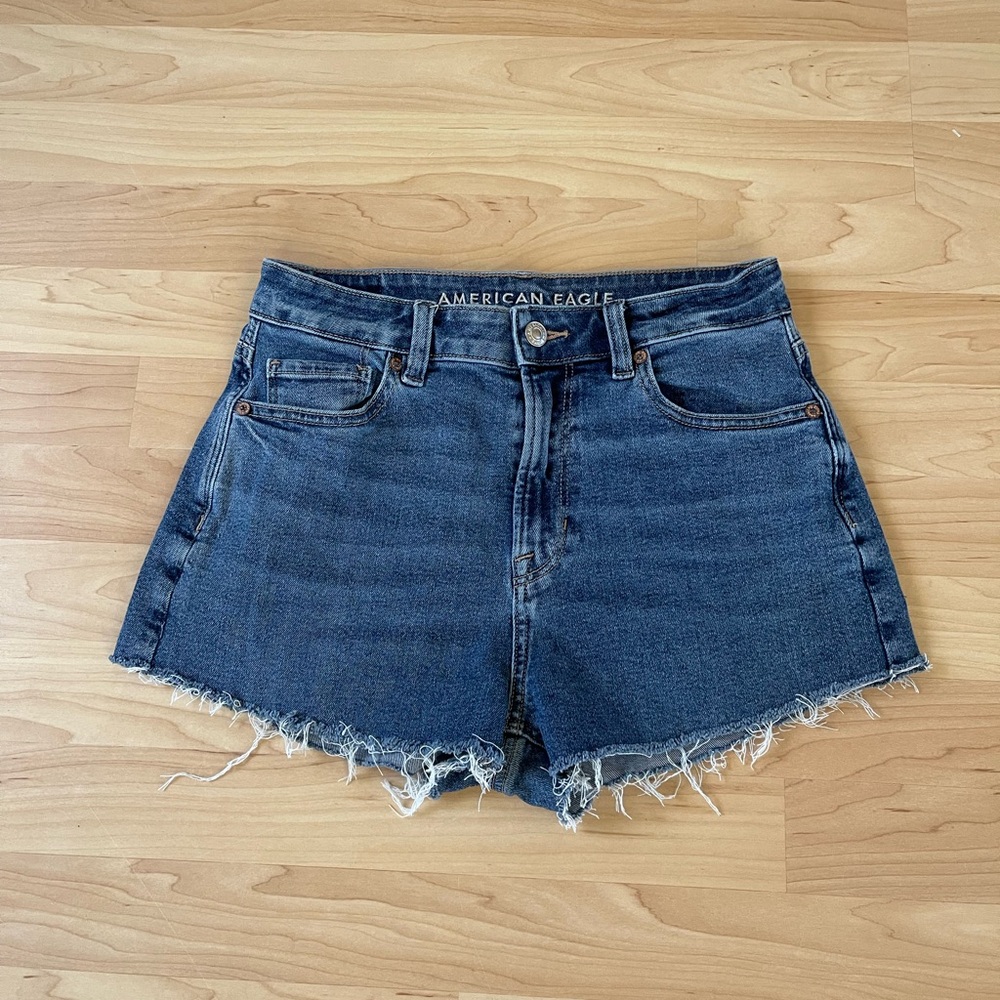 American Eagle Outfitters Indigo High-Rise Frayed Hem Denim Shorts